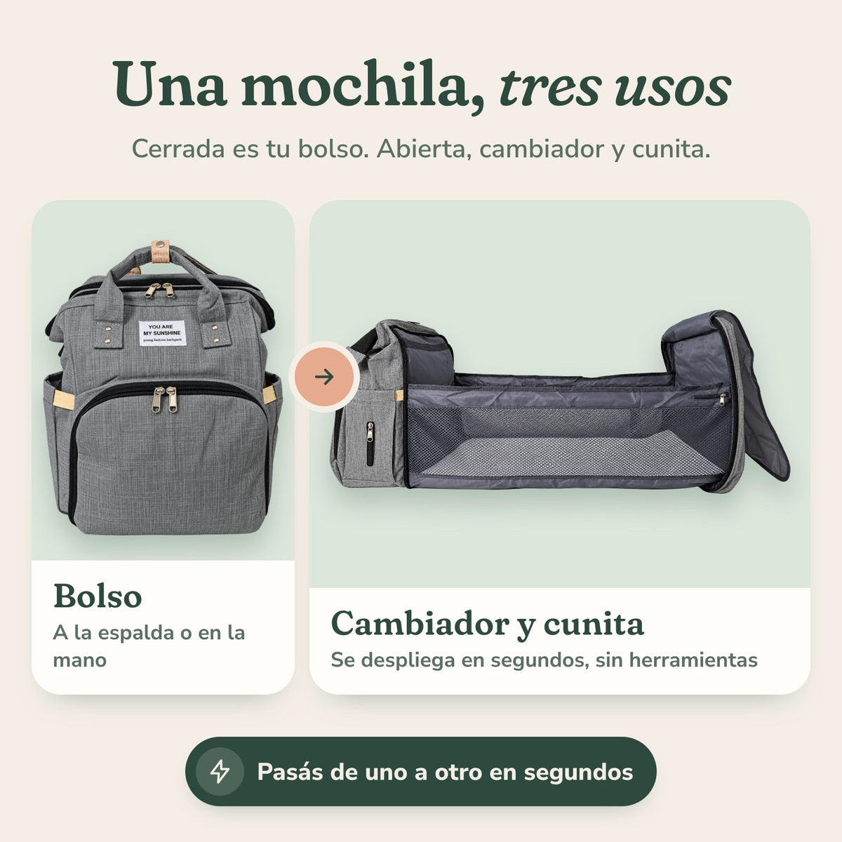 Una mochila, tres usos: bolso, cambiador y cunita de paseo