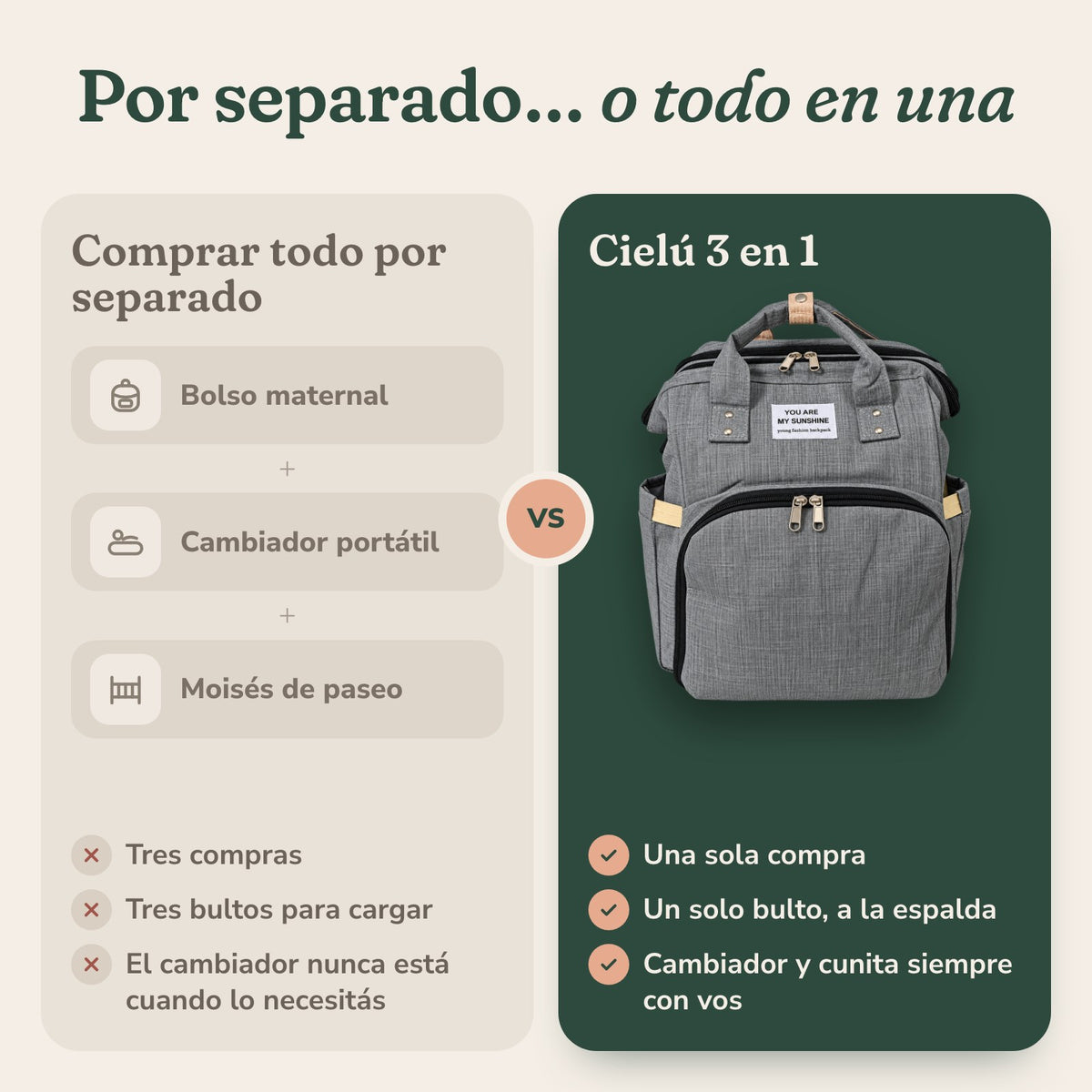 Comparación: comprar bolso, cambiador y moisés por separado o la mochila Cielú 3 en 1