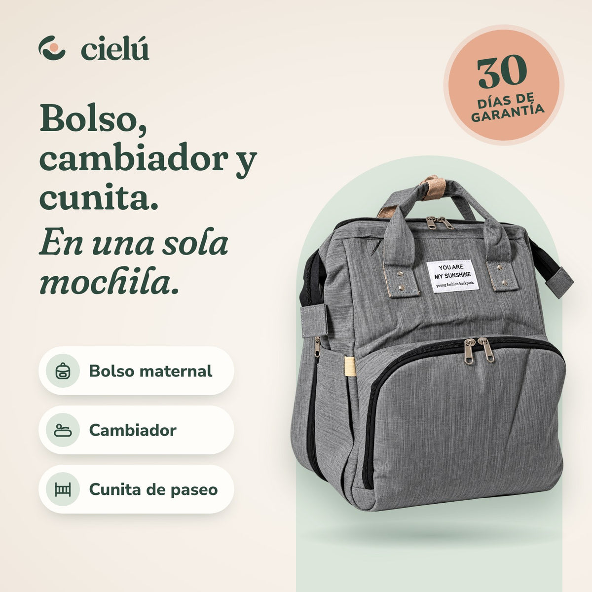 Mochila Cielú 3 en 1 gris: bolso maternal, cambiador y cunita de paseo en una sola mochila