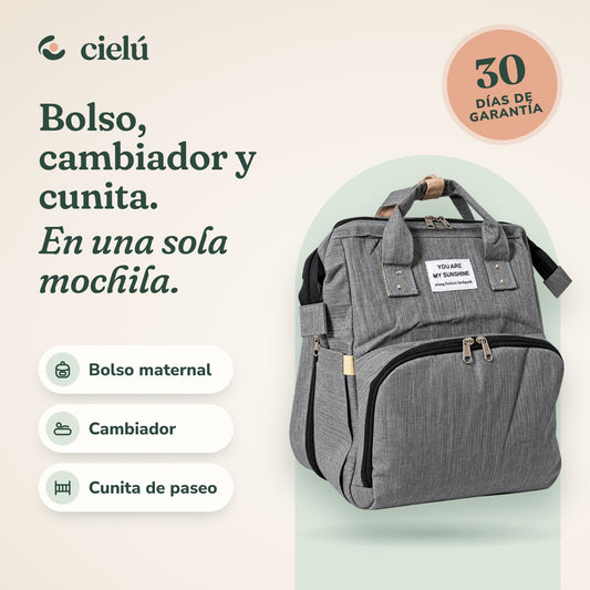 Mochila Cielú 3 en 1 gris: bolso maternal, cambiador y cunita de paseo en una sola mochila
