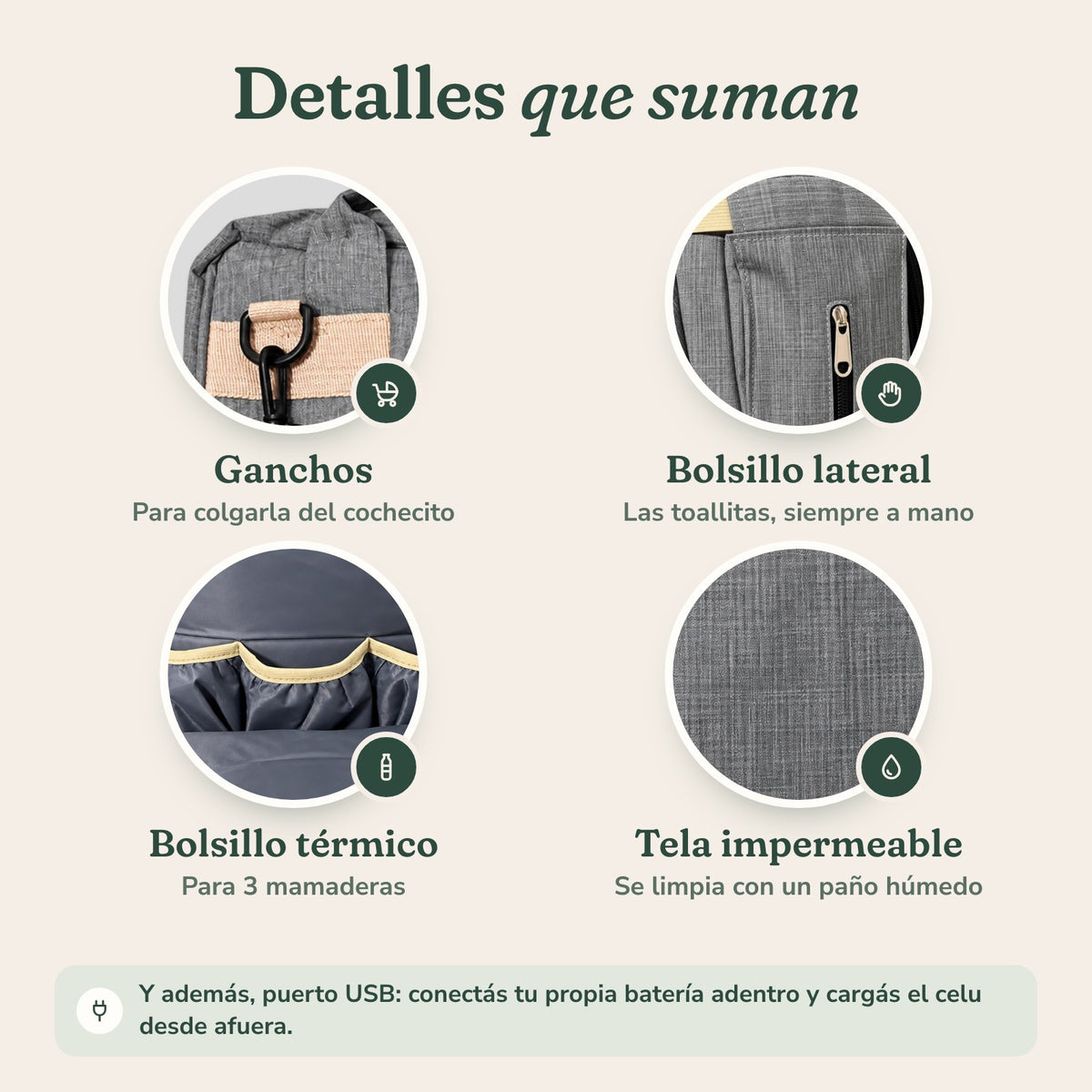 Detalles de la mochila Cielú: ganchos para el cochecito, bolsillo lateral para toallitas, bolsillo térmico, tela impermeable y puerto USB
