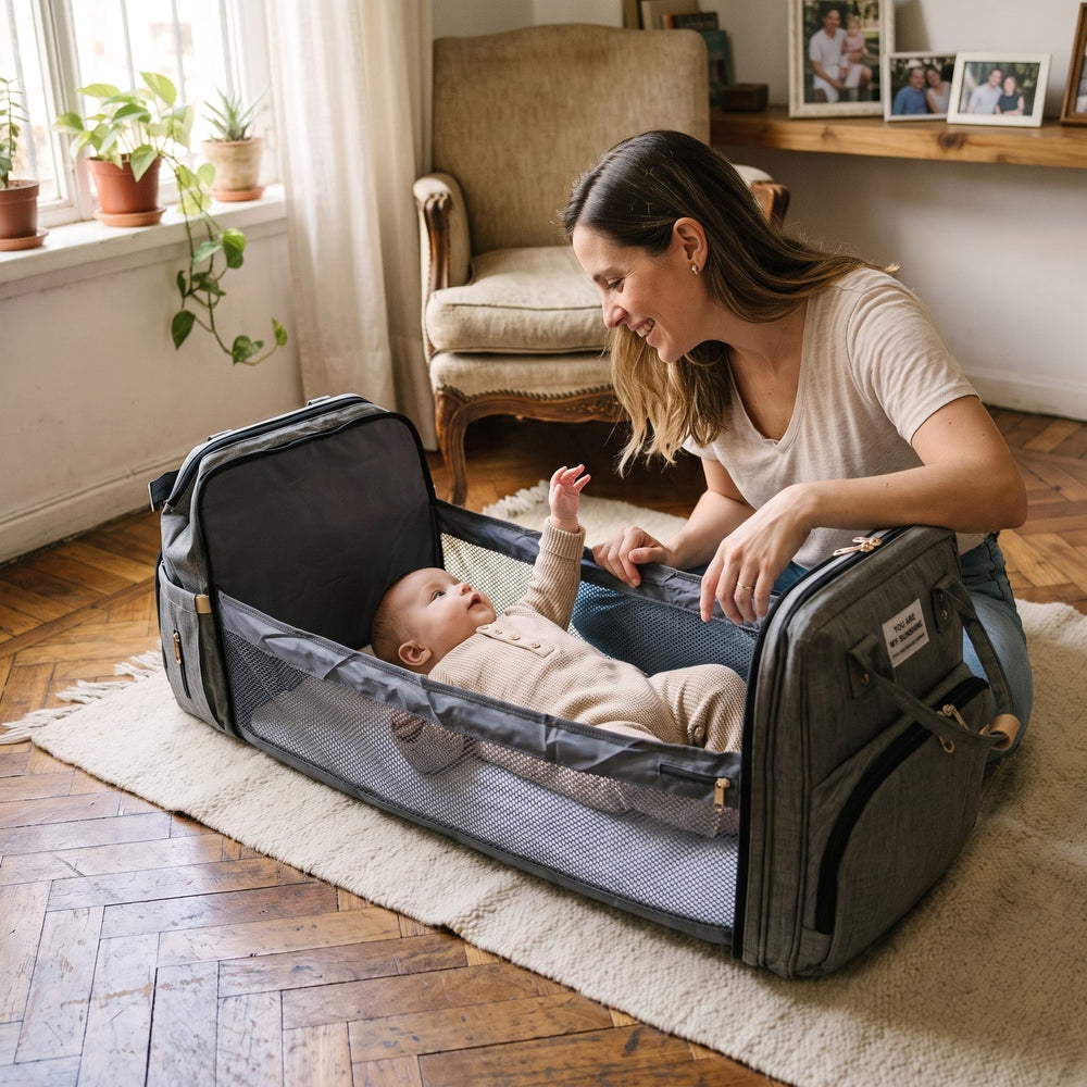 La mochila abierta como cambiador, con el bebé y un adulto al lado