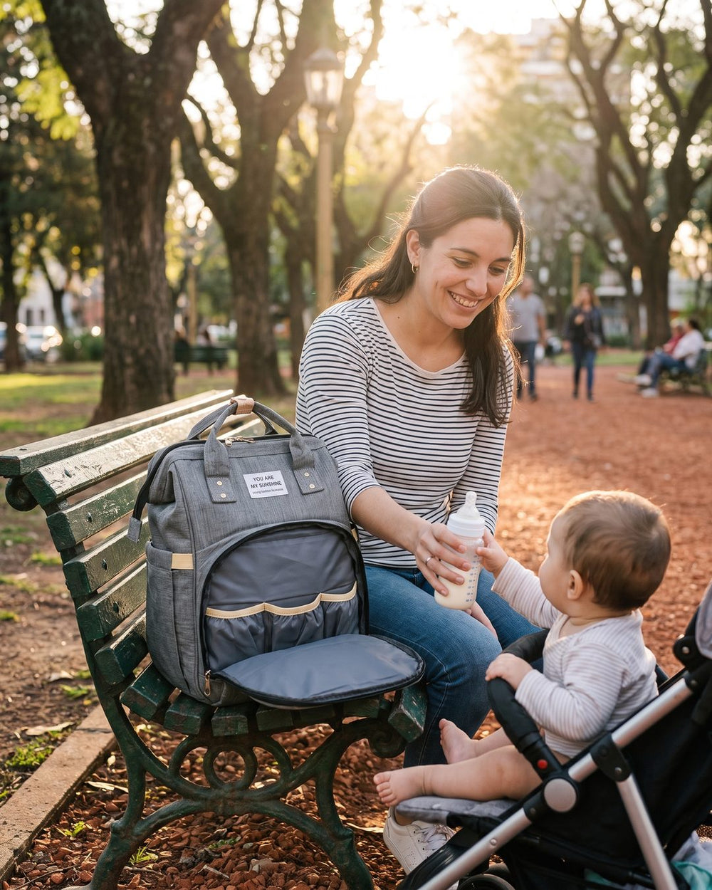 Mamá en la plaza con la mochila y el cochecito